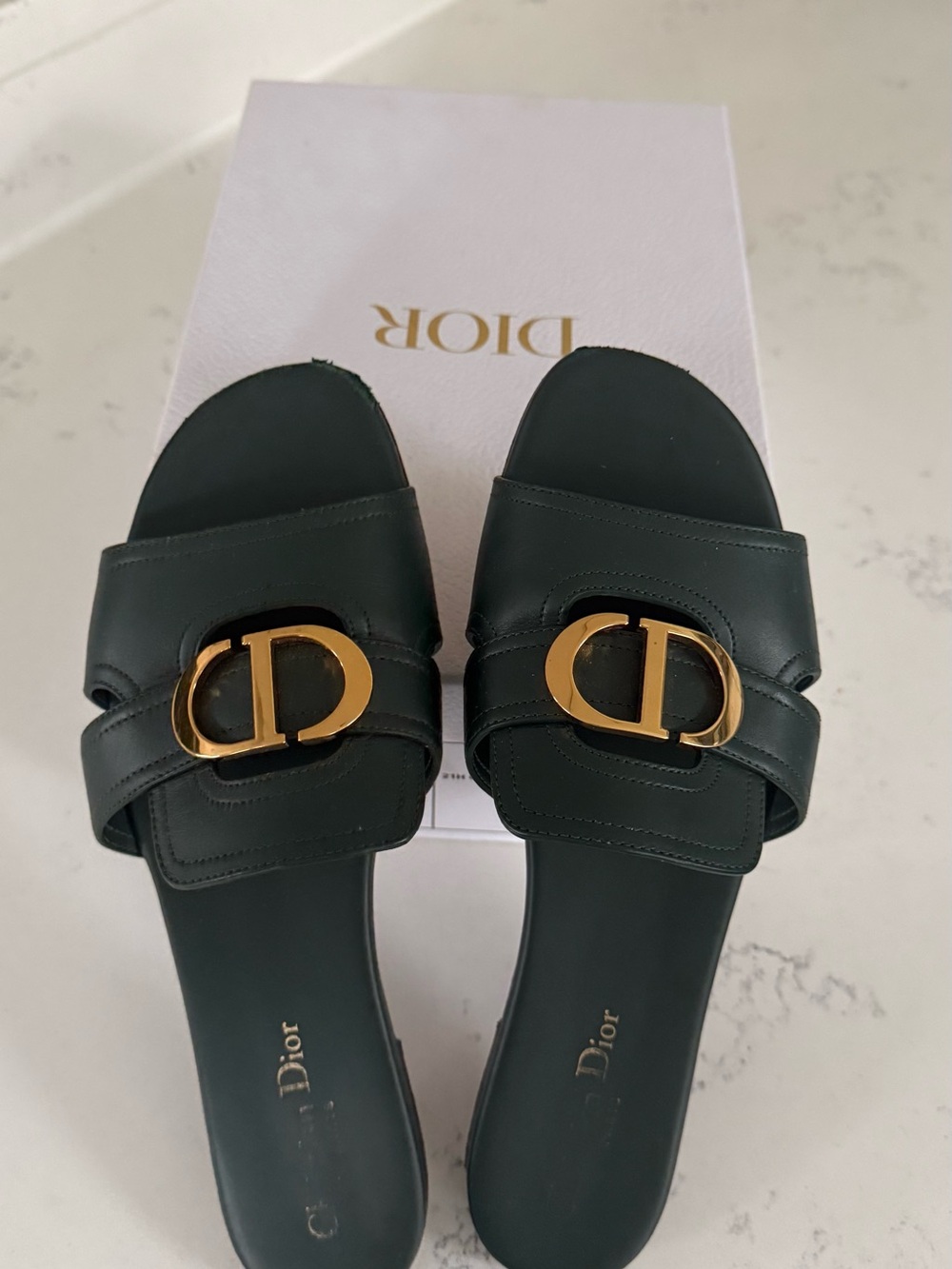 Dior Cypress Green Leather Slide Sandals with Gold CD Buckle